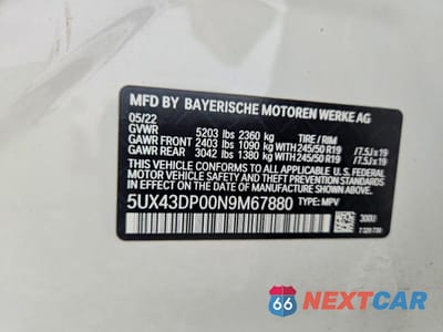 Zdjęcie 13 z 13 samochodu: 2022 BMW X3 SDRIVE30I VIN:5UX43DP00N9M67880 - miniatura