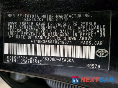 Zdjęcie 12 z 12 samochodu: 2007 TOYOTA AVALON XLS VIN:4T1BK36B87U218571 - miniatura