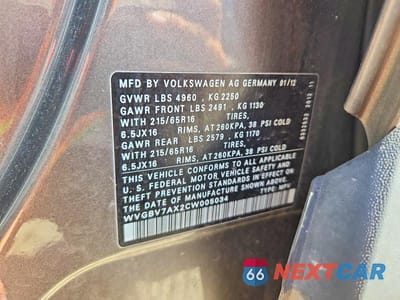 Zdjęcie 12 z 12 samochodu: 2012 VOLKSWAGEN TIGUAN S VIN:WVGBV7AX2CW005034 - miniatura