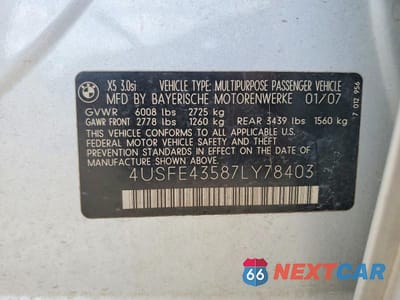 Zdjęcie 13 z 13 samochodu: 2007 BMW X5 VIN:4USFE43587LY78403 - miniatura