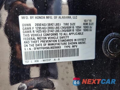 Zdjęcie 12 z 12 samochodu: 2020 HONDA PILOT EXL VIN:5FNYF6H58LB026663 - miniatura
