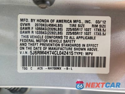 Zdjęcie 14 z 14 samochodu: 2012 HONDA CR-V EXL VIN:5J6RM4H74CL042415 - miniatura