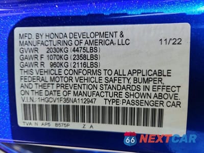 Zdjęcie 12 z 12 samochodu: 2022 HONDA ACCORD SPORT VIN:1HGCV1F35NA112947 - miniatura