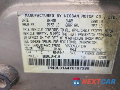 Zdjęcie 12 z 12 samochodu: 2000 NISSAN ALTIMA VIN:1N4DL01A4YC187596 - miniatura