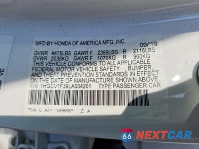 Zdjęcie 12 z 12 samochodu: 2020 HONDA ACCORD SPORT VIN:1HGCV1F39LA004201 - miniatura