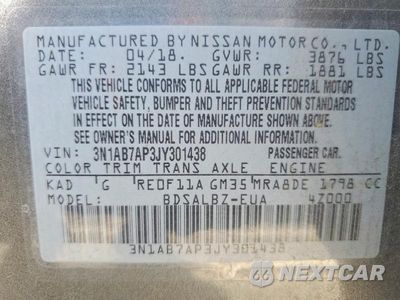 Zdjęcie 12 z 12 samochodu: 2018 NISSAN SENTRA S VIN:3N1AB7AP3JY301438 - miniatura