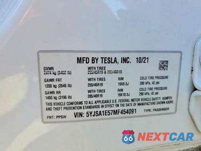 Zdjęcie 12 z 12 samochodu: 2021 TESLA MODEL S VIN:5YJSA1E57MF454091 - miniatura