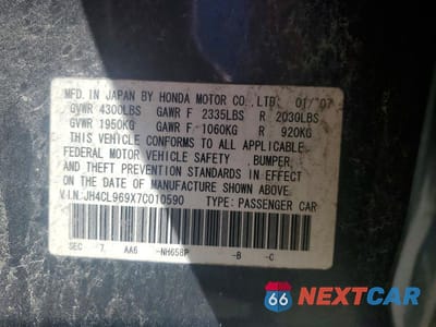 Zdjęcie 12 z 12 samochodu: 2007 ACURA TSX VIN:JH4CL969X7C010590 - miniatura