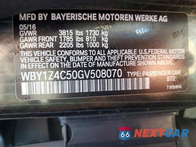 Zdjęcie 12 z 12 samochodu: 2016 BMW I3 VIN:WBY1Z4C50GV508070 - miniatura