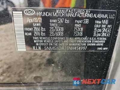 Zdjęcie 13 z 13 samochodu: 2022 HYUNDAI SANTA FE XRT VIN:5NMS6DAJ3NH454997 - miniatura