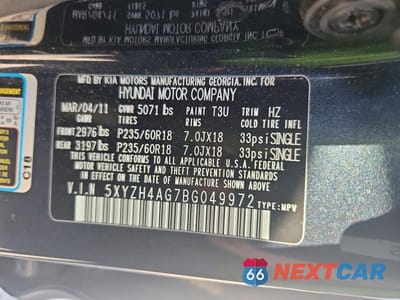 Zdjęcie 13 z 13 samochodu: 2011 HYUNDAI SANTA FE SE VIN:5XYZH4AG7BG049972 - miniatura