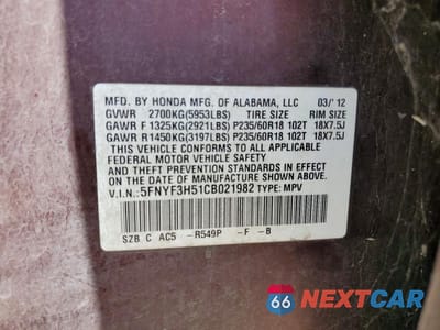Zdjęcie 13 z 13 samochodu: 2012 HONDA PILOT EXL VIN:5FNYF3H51CB021982 - miniatura