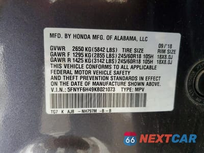 Zdjęcie 13 z 13 samochodu: 2019 HONDA PILOT EXL VIN:5FNYF6H49KB021073 - miniatura