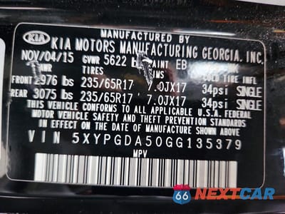 Zdjęcie 13 z 13 samochodu: 2016 KIA SORENTO LX V6 VIN:5XYPGDA50GG135379 - miniatura