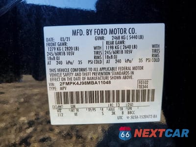 Zdjęcie 13 z 13 samochodu: 2021 FORD EDGE SEL VIN:2FMPK4J98MBA11048 - miniatura
