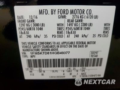 Zdjęcie 13 z 13 samochodu: 2017 FORD EXPLORER XLT VIN:1FM5K7D81HGB49377 - miniatura