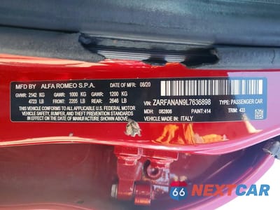 Zdjęcie 12 z 12 samochodu: 2020 ALFA ROMEO GIULIA VIN:ZARFANAN9L7636898 - miniatura