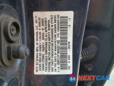 Zdjęcie 12 z 12 samochodu: 2017 HONDA CIVIC EXL VIN:19XFC1F79HE021105 - miniatura