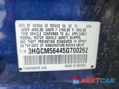 Zdjęcie 12 z 12 samochodu: 2005 HONDA ACCORD LX VIN:3HGCM56445G700262 - miniatura