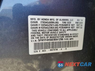 Zdjęcie 13 z 13 samochodu: 2014 HONDA PILOT EXL VIN:5FNYF4H56EB041296 - miniatura