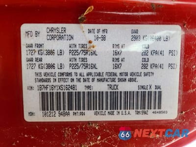 Zdjęcie 12 z 12 samochodu: 1999 DODGE RAM 1500 VIN:1B7HF16Y1XS162481 - miniatura