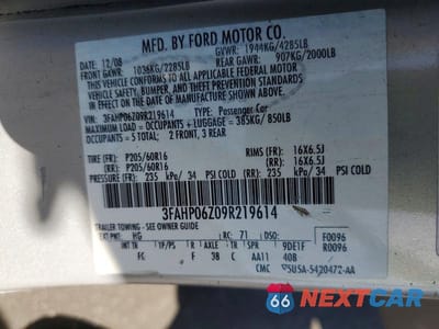Zdjęcie 12 z 12 samochodu: 2009 FORD FUSION S 4D SEDAN 4 VIN:3FAHP06Z09R219614 - miniatura