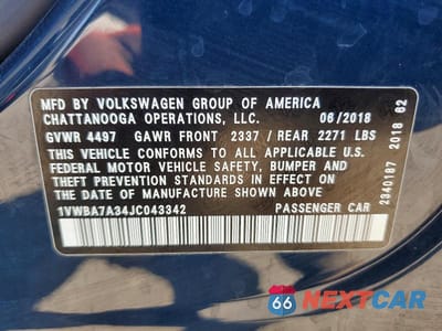Zdjęcie 12 z 12 samochodu: 2018 VOLKSWAGEN PASSAT SE VIN:1VWBA7A34JC043342 - miniatura