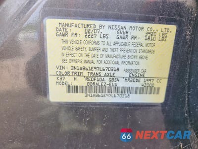Zdjęcie 12 z 12 samochodu: 2007 NISSAN SENTRA 2.0 VIN:3N1AB61E97L670318 - miniatura