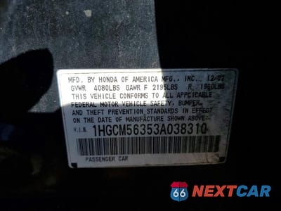 Zdjęcie 12 z 12 samochodu: 2003 HONDA ACCORD LX VIN:1HGCM56353A038310 - miniatura