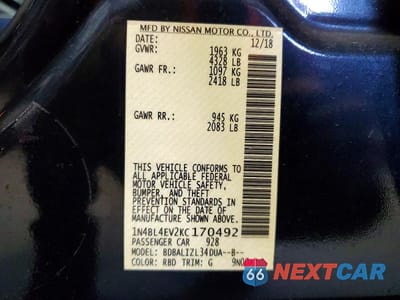 Zdjęcie 12 z 12 samochodu: 2019 NISSAN ALTIMA SL VIN:1N4BL4EV2KC170492 - miniatura