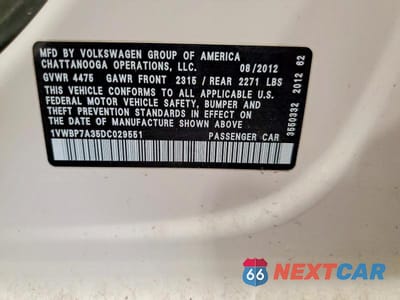 Zdjęcie 12 z 12 samochodu: 2013 VOLKSWAGEN PASSAT SE VIN:1VWBP7A35DC029551 - miniatura