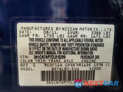 Zdjęcie 12 z 12 samochodu: 2012 NISSAN VERSA 1.6 S VIN:3N1CN7AP7CL815289 - miniatura