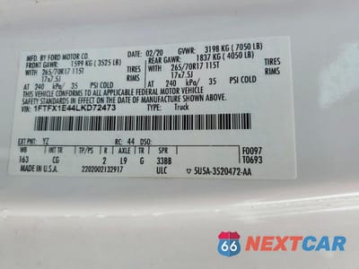 Zdjęcie 12 z 12 samochodu: 2020 FORD F150 SUPER CAB VIN:1FTFX1E44LKD72473 - miniatura