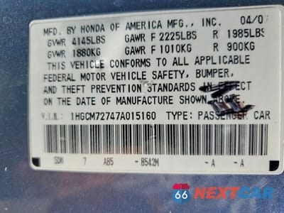 Zdjęcie 13 z 13 samochodu: 2007 HONDA ACCORD EX VIN:1HGCM72747A015160 - miniatura