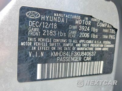 Zdjęcie 12 z 12 samochodu: 2019 HYUNDAI ELANTRA VALUE EDITION VIN:KMHD84LF3KU840637 - miniatura