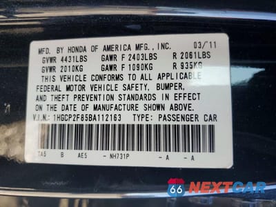 Zdjęcie 12 z 12 samochodu: 2011 HONDA ACCORD EXL VIN:1HGCP2F85BA112163 - miniatura