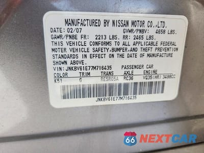 Zdjęcie 13 z 13 samochodu: 2007 INFINITI G35 BASE VIN:JNKBV61E77M716435 - miniatura