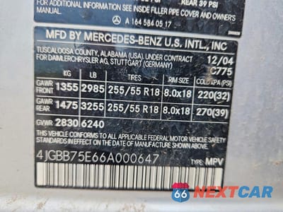Zdjęcie 14 z 14 samochodu: 2006 MERCEDES-BENZ ML 500 VIN:4JGBB75E66A000647 - miniatura