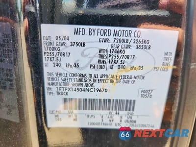 Zdjęcie 12 z 12 samochodu: 2004 FORD F150 VIN:1FTPX14504NC19670 - miniatura