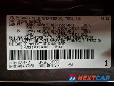 Zdjęcie 12 z 12 samochodu: 2012 TOYOTA TUNDRA DOUBLE CAB SR5 VIN:5TFUM5F1XCX034980 - miniatura