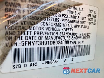 Zdjęcie 12 z 12 samochodu: 2013 HONDA PILOT TOURING VIN:5FNYF3H91DB024000 - miniatura