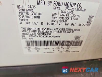 Zdjęcie 15 z 15 samochodu: 2015 FORD EXPLORER XLT VIN:1FM5K7D8XFGC49846 - miniatura