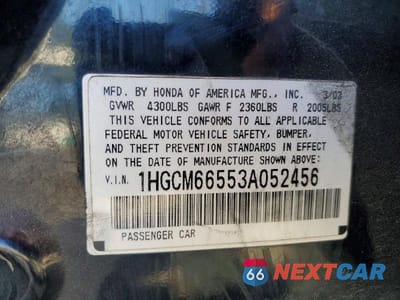 Zdjęcie 13 z 13 samochodu: 2003 HONDA ACCORD EX VIN:1HGCM66553A052456 - miniatura