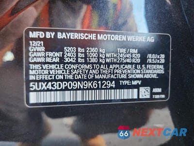 Zdjęcie 13 z 13 samochodu: 2022 BMW X3 SDRIVE30I VIN:5UX43DP09N9K61294 - miniatura