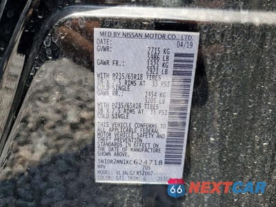 Zdjęcie 13 z 13 samochodu: 2019 NISSAN PATHFINDER SL VIN:5N1DR2MN1KC624718 - miniatura