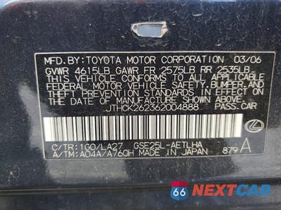 Zdjęcie 12 z 12 samochodu: 2006 LEXUS IS 250 VIN:JTHCK262362004888 - miniatura