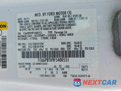 Zdjęcie 12 z 12 samochodu: 2015 FORD MUSTANG VIN:1FA6P8TH9F5400551 - miniatura