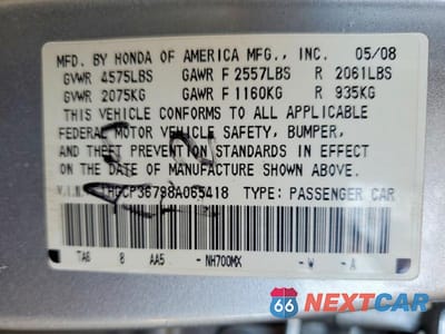 Zdjęcie 12 z 12 samochodu: 2008 HONDA ACCORD EX VIN:1HGCP36798A065418 - miniatura