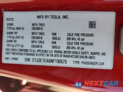 Zdjęcie 12 z 12 samochodu: 2022 TESLA MODEL 3 VIN:5YJ3E1EA6NF190675 - miniatura