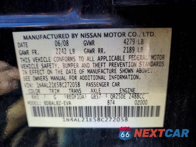 Zdjęcie 12 z 12 samochodu: 2008 NISSAN ALTIMA 2.5 VIN:1N4AL21E58C272058 - miniatura